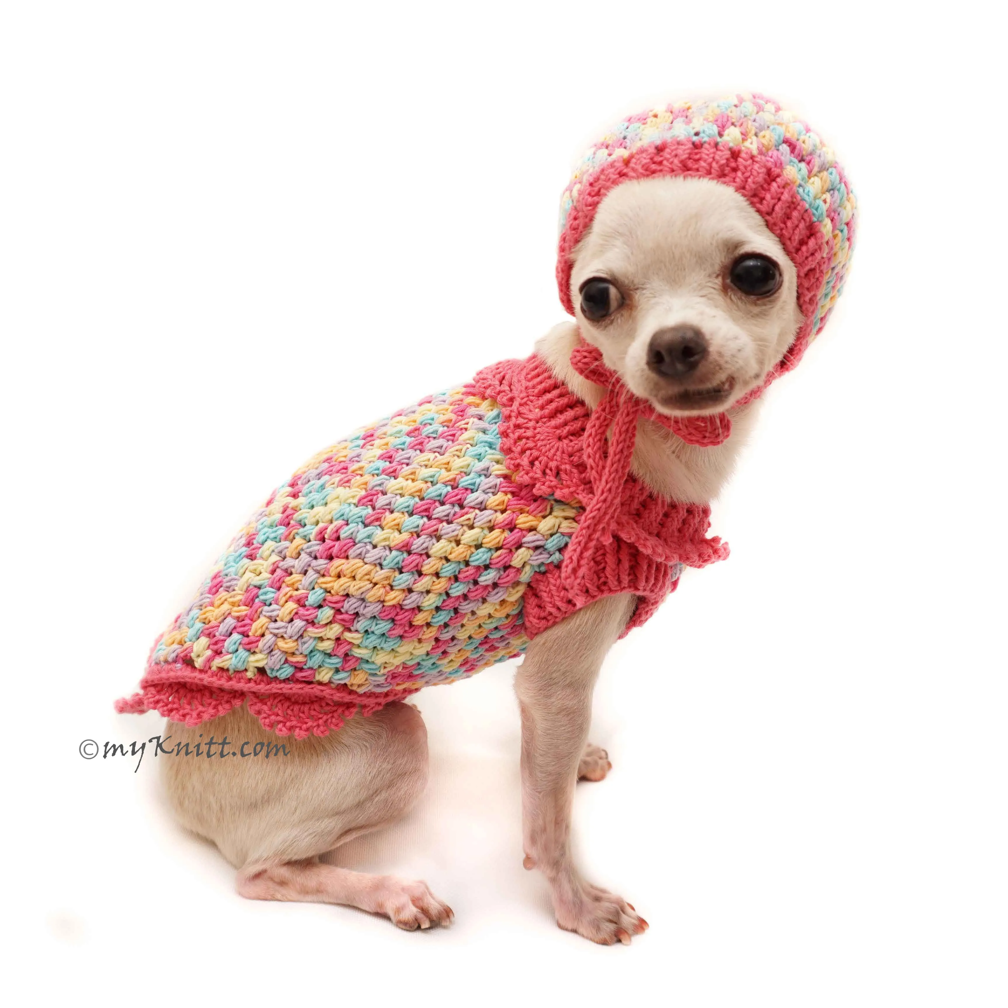 Cute Pink Dog Winter Clothes, Rainbow Dog Sweaters with Matching Dog Hats DF106 Myknitt