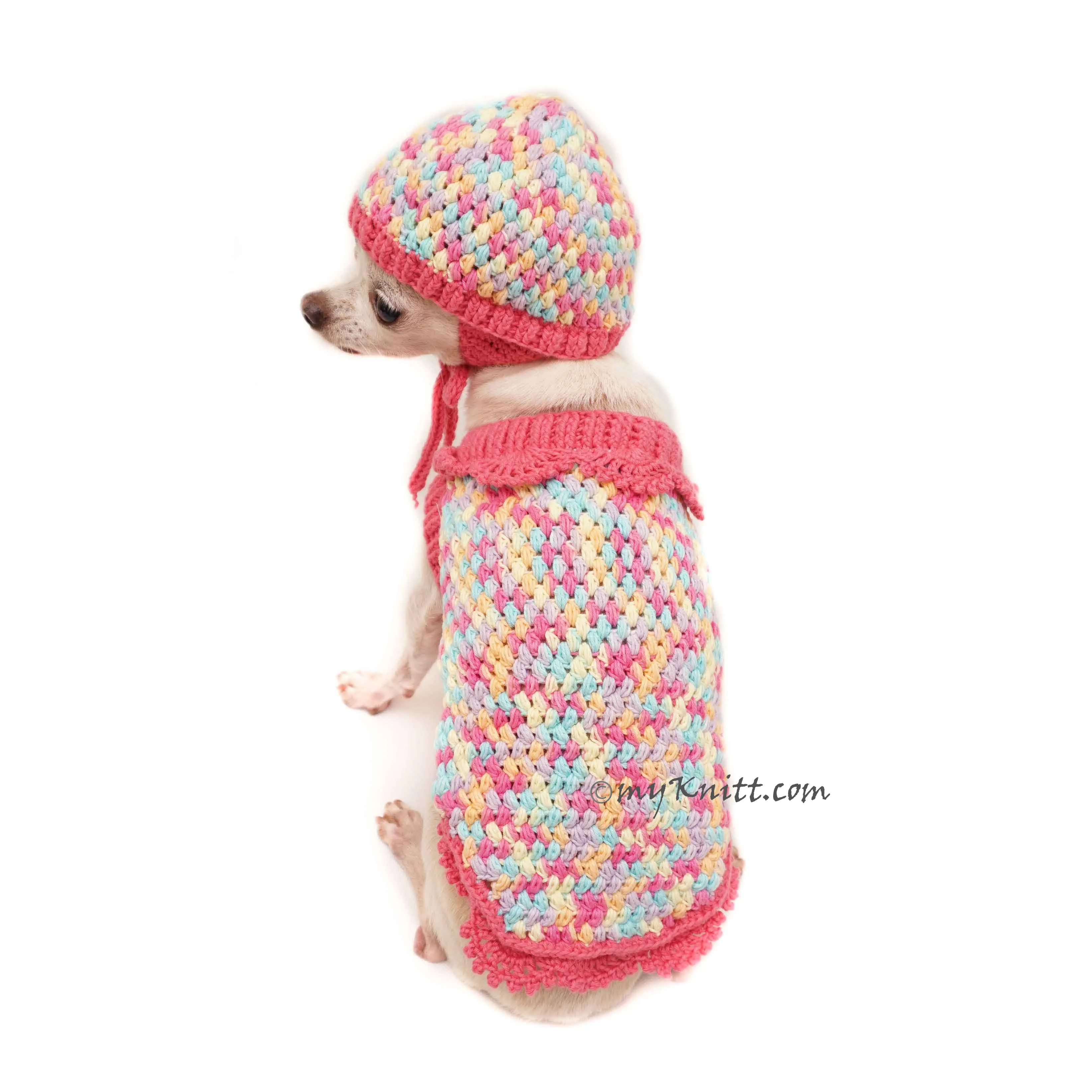Cute Pink Dog Winter Clothes, Rainbow Dog Sweaters with Matching Dog Hats DF106 Myknitt