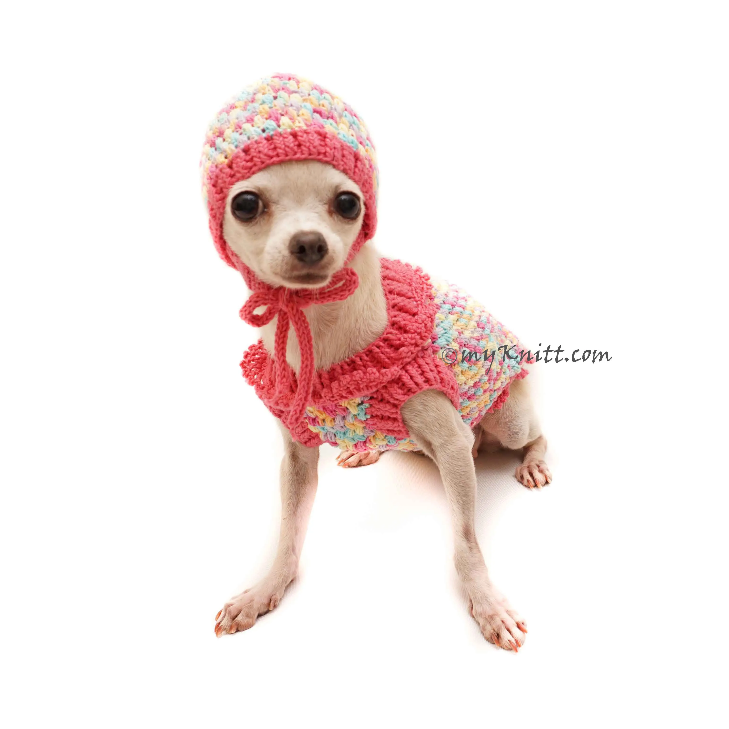 Cute Pink Dog Winter Clothes, Rainbow Dog Sweaters with Matching Dog Hats DF106 Myknitt