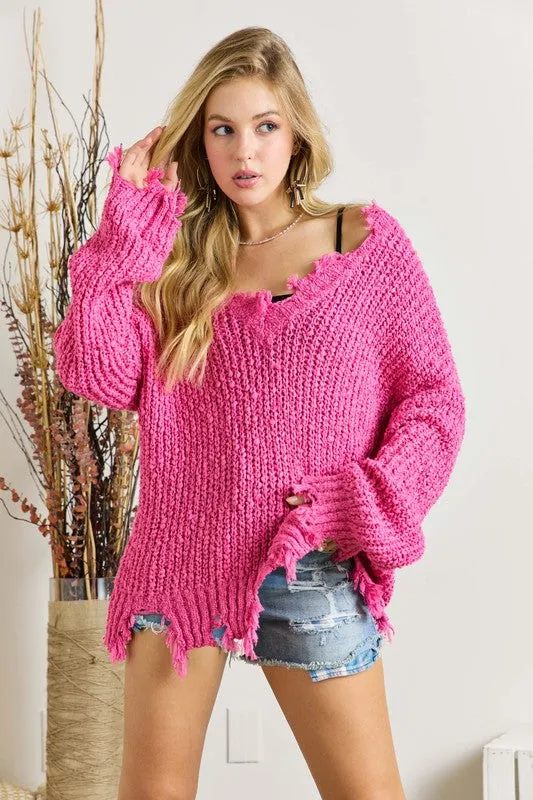 FRAYED SWEATER TOP - ASSORTED COLORS