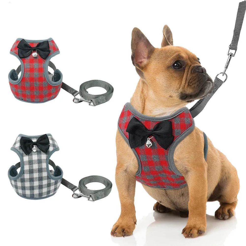 Plaid Dog Bow Harness abd Leash Sets
