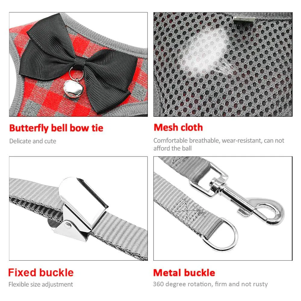 Plaid Dog Bow Harness abd Leash Sets