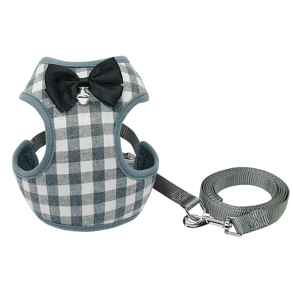 Plaid Dog Bow Harness abd Leash Sets
