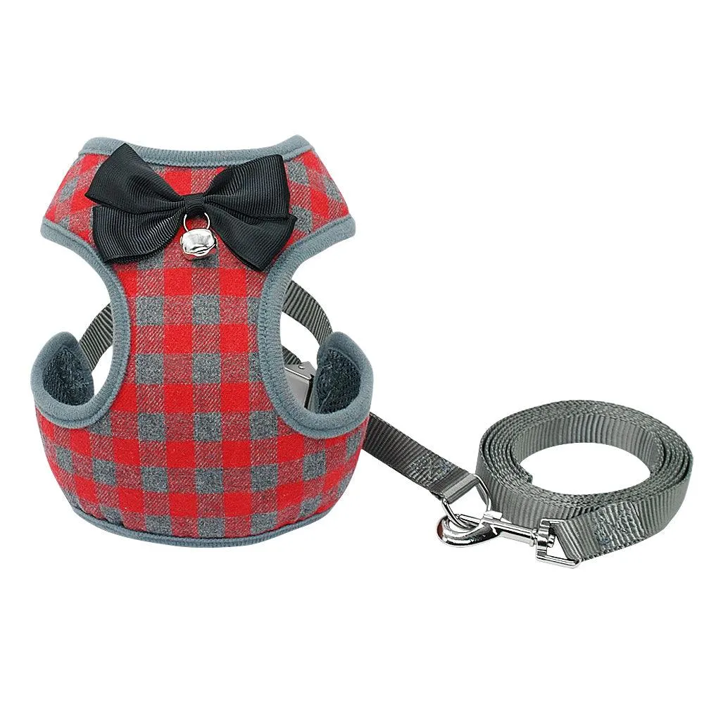 Plaid Dog Bow Harness abd Leash Sets