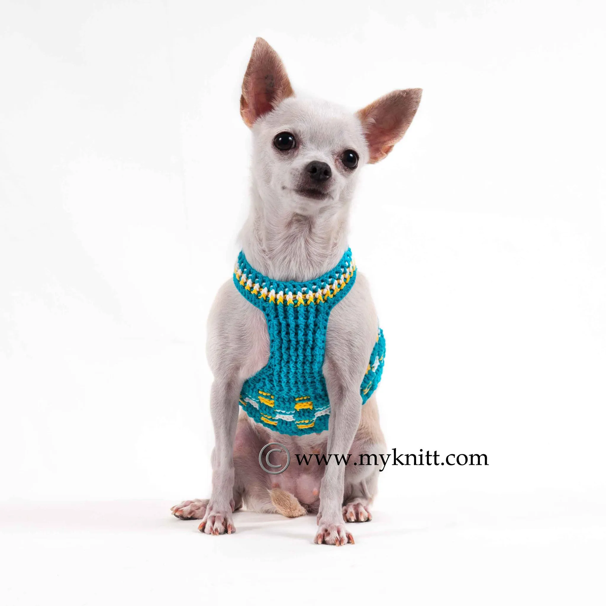 Turquoise Dog Harness Vest with Velcro Strap Cotton Crochet DH52