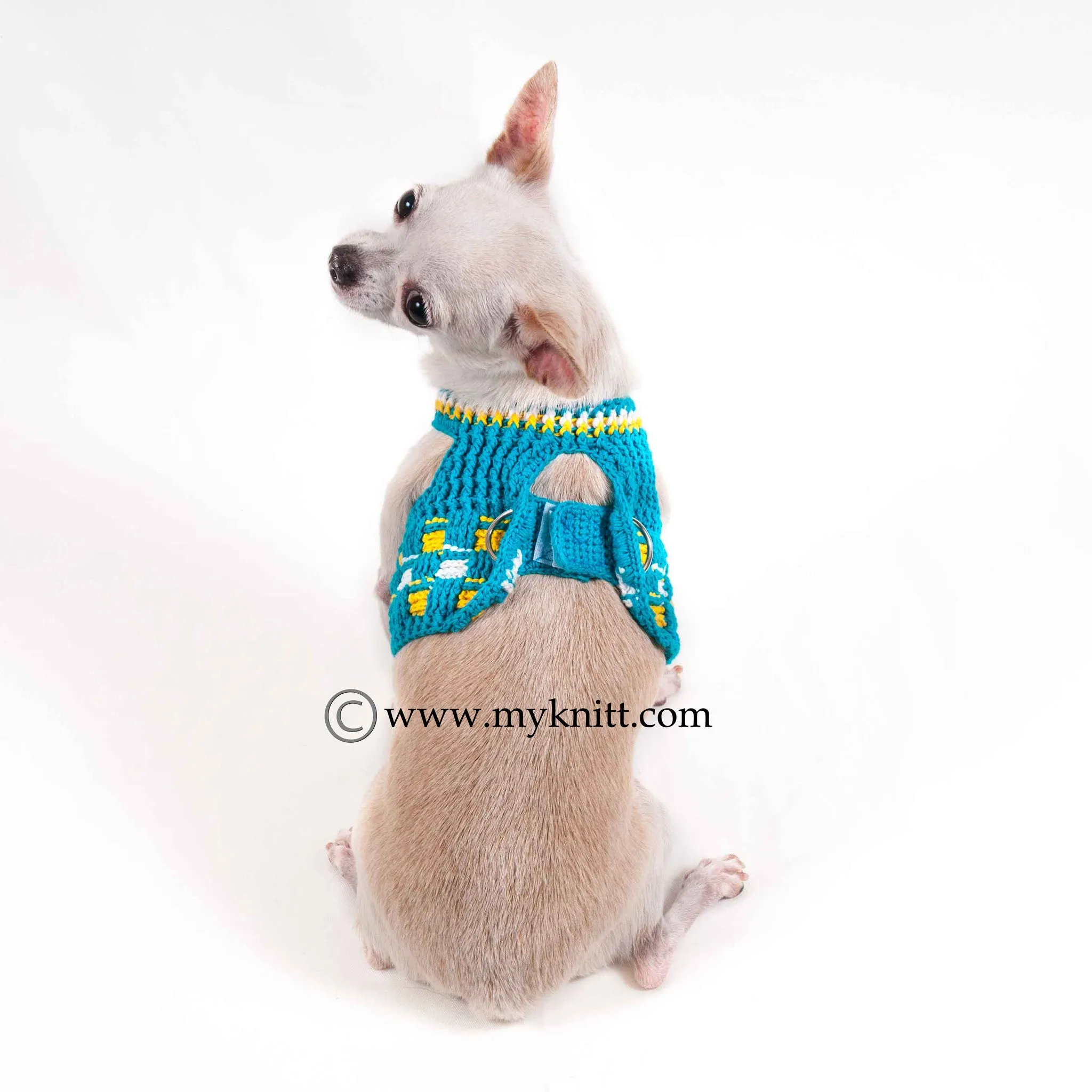 Turquoise Dog Harness Vest with Velcro Strap Cotton Crochet DH52