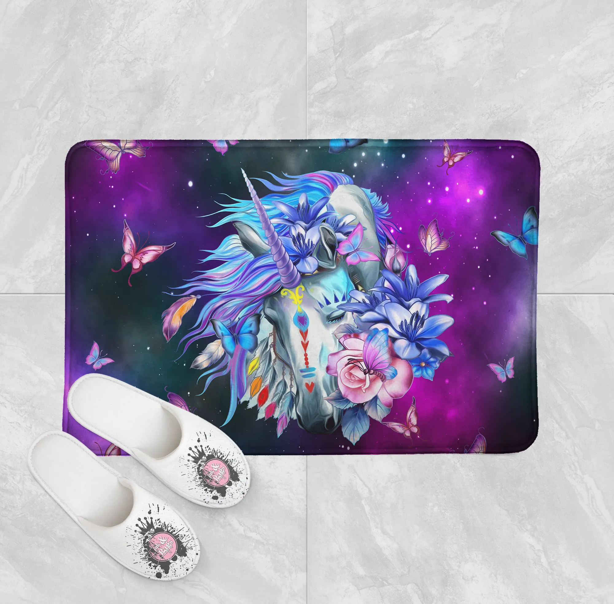 Unicorn Butterfly Galaxy Shower Curtains and Optional Bath Mats